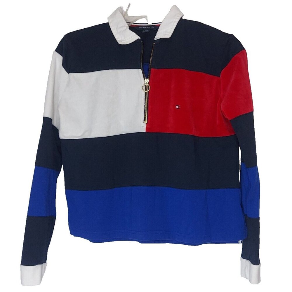 Tommy Hilfiger XXS Cropped Rugby Shirt Y2K Long Sleeve Patriotic Velour 1/4 Zip